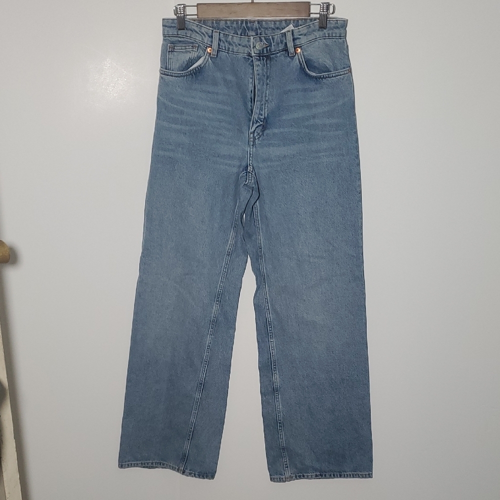 Monki Women's Cotton High Waist Jeans Wide Leg Light Blue Size 29